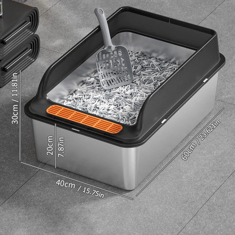 Bac à litière pour chat en acier inoxydable – Grand format, anti-fuite, bord haut, facile à nettoyer