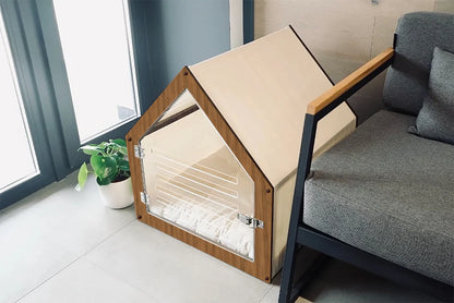 Maison Design pour Chien & Chat – Bois avec Porte Acrylique et Toit en Tissu