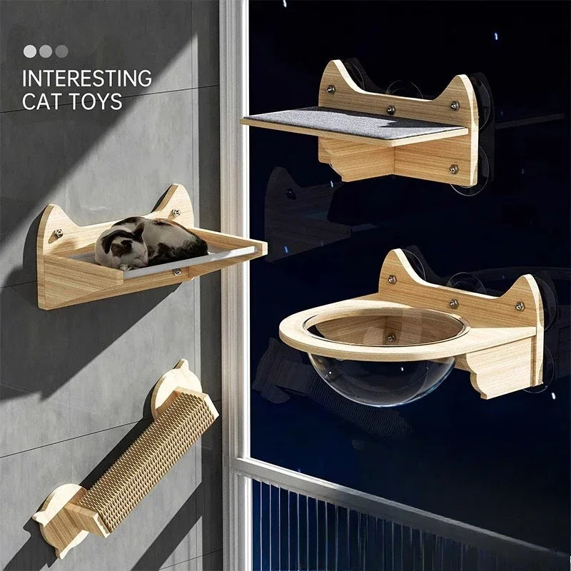 Support mural capsule lit pour chat – bois naturel & ventouses ultra résistantes