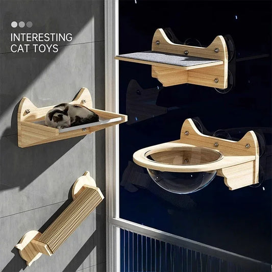 Support mural capsule lit pour chat – bois naturel & ventouses ultra résistantes
