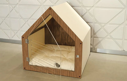 Maison Design pour Chien & Chat – Bois avec Porte Acrylique et Toit en Tissu