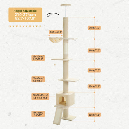 Arbre à Chat Ajustable 210-274 cm – 5 Niveaux avec Niche, Échelles et Griffoirs