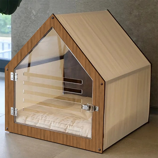 Maison Design pour Chien & Chat – Bois avec Porte Acrylique et Toit en Tissu