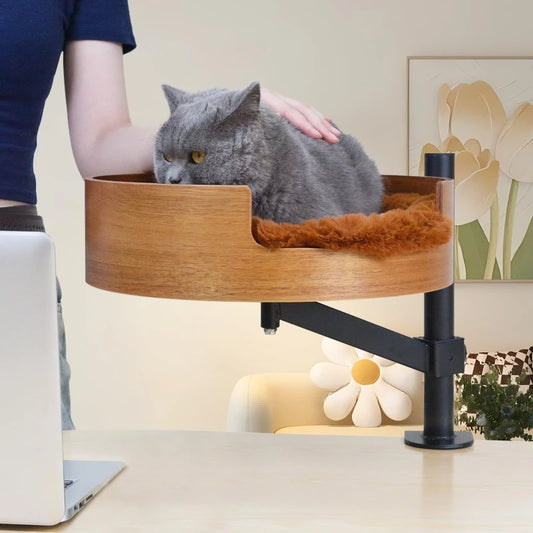 Support de Lit Flottant pour Chat – Nid Rond de Bureau en Bois