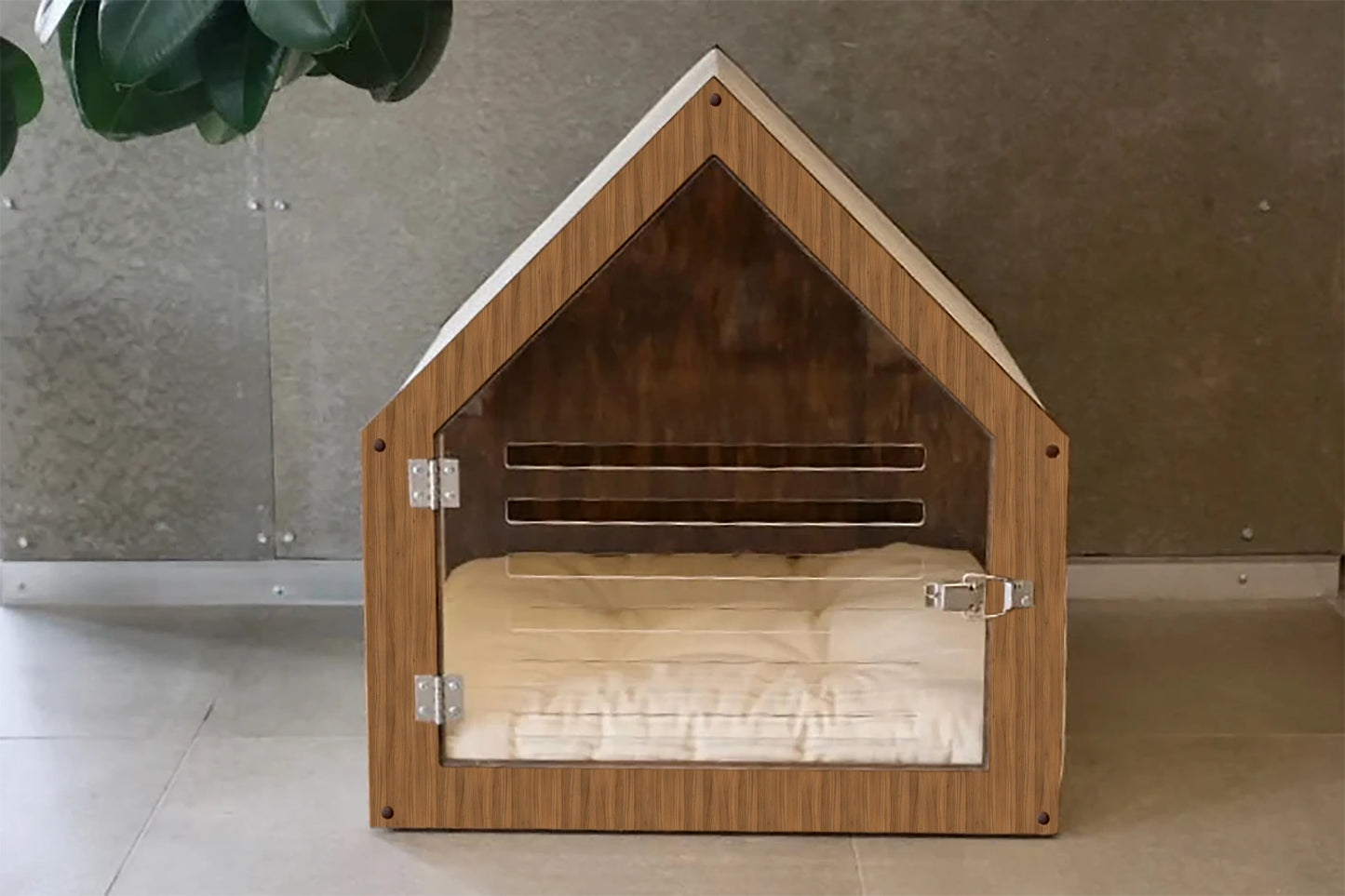 Maison Design pour Chien & Chat – Bois avec Porte Acrylique et Toit en Tissu