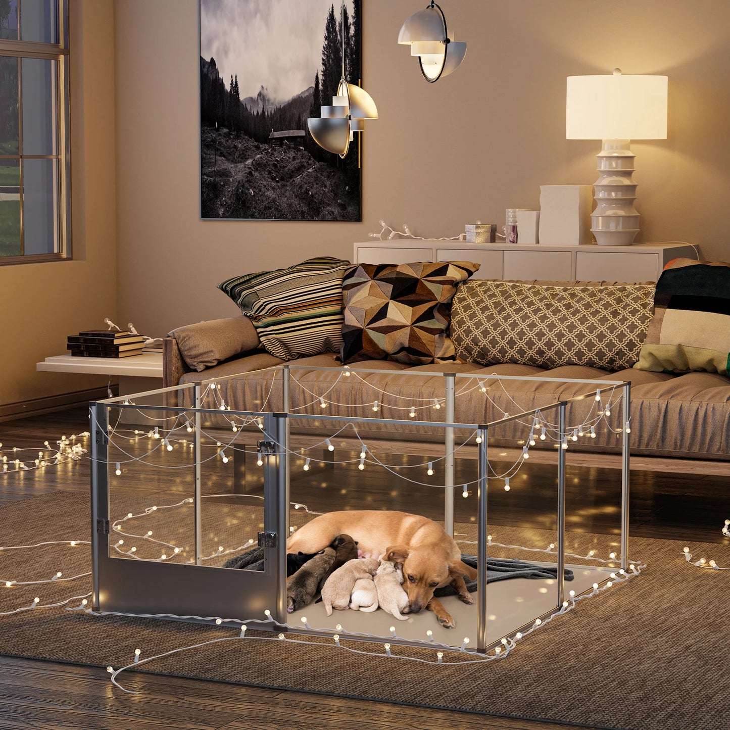 Parc pour Chiens en Acrylique avec Tapis Étanche – Cage d’intérieur Transparent pour Chiots, Chats, Mise Bas