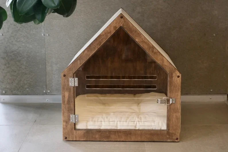 Maison Design pour Chien & Chat – Bois avec Porte Acrylique et Toit en Tissu