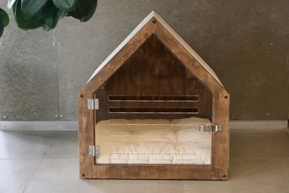 Maison Design pour Chien & Chat – Bois avec Porte Acrylique et Toit en Tissu