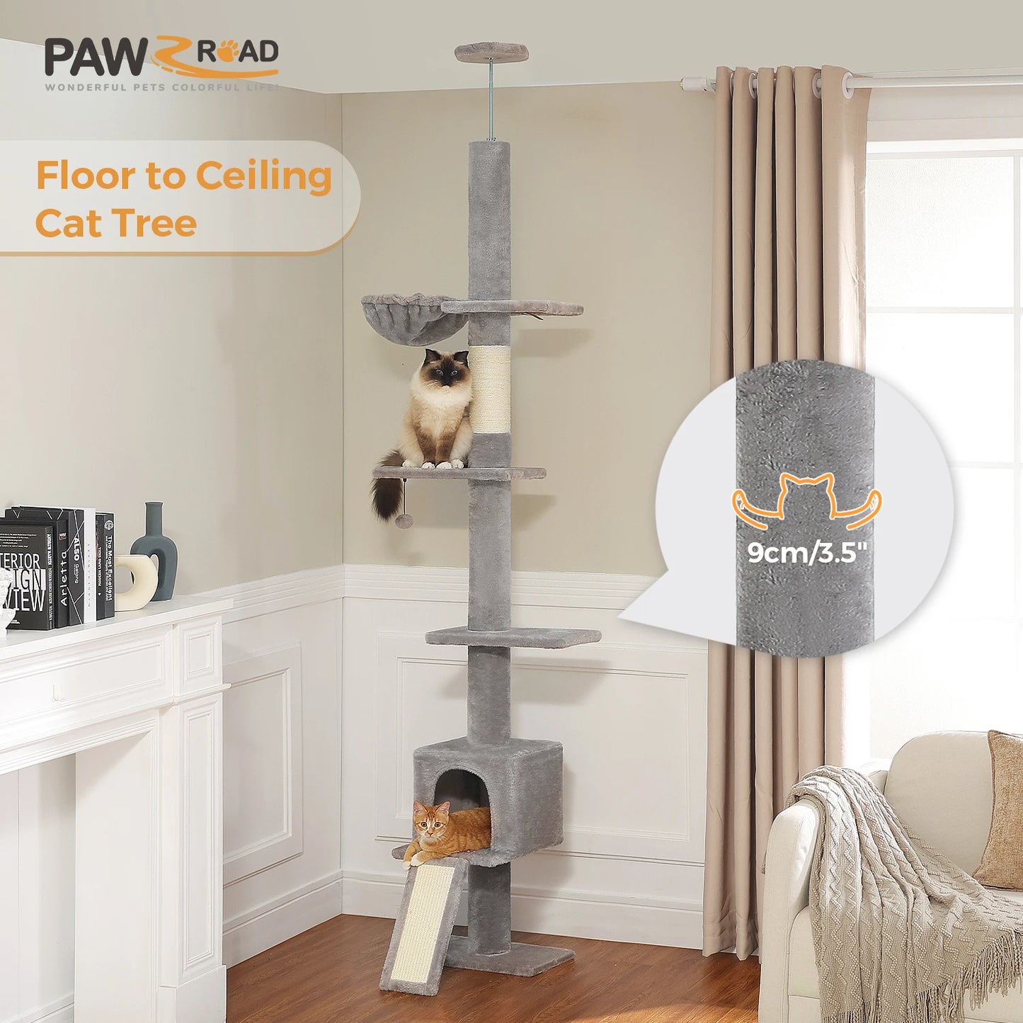 Arbre à Chat Ajustable 210-274 cm – 5 Niveaux avec Niche, Échelles et Griffoirs