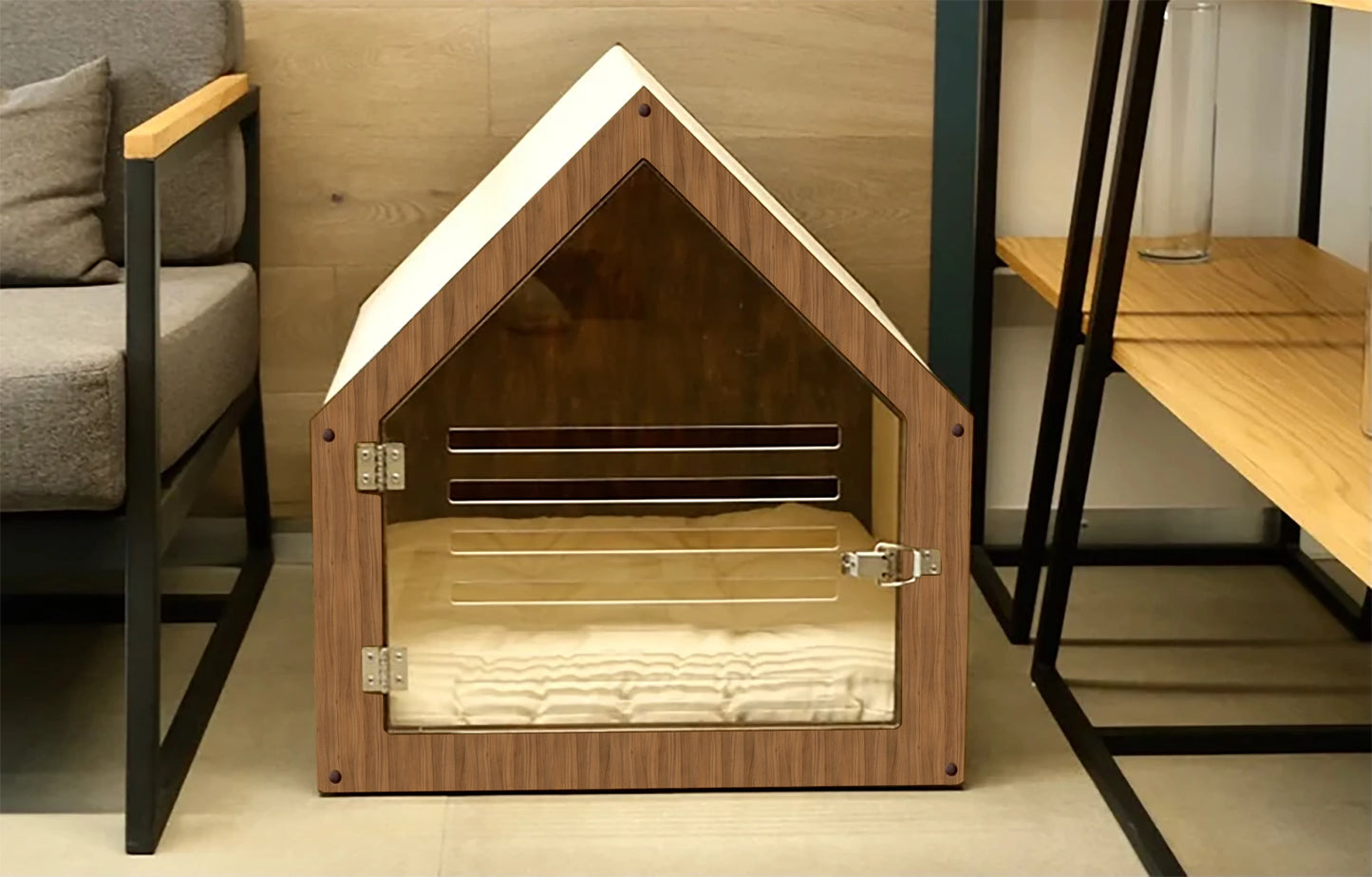 Maison Design pour Chien & Chat – Bois avec Porte Acrylique et Toit en Tissu
